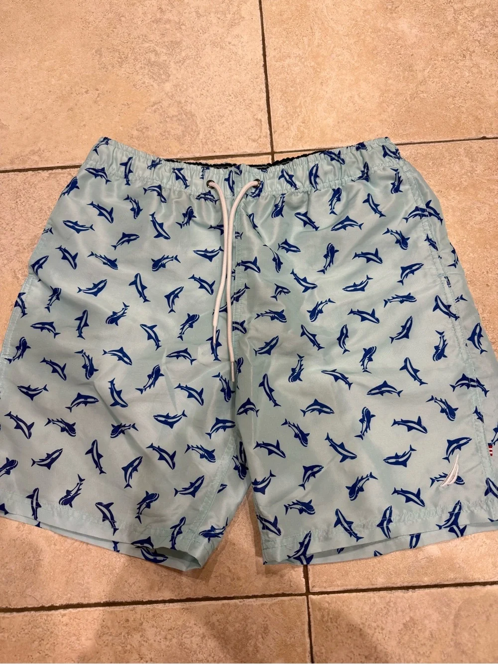 Nautica Light Blue Swim Trunks with Navy Shark Print